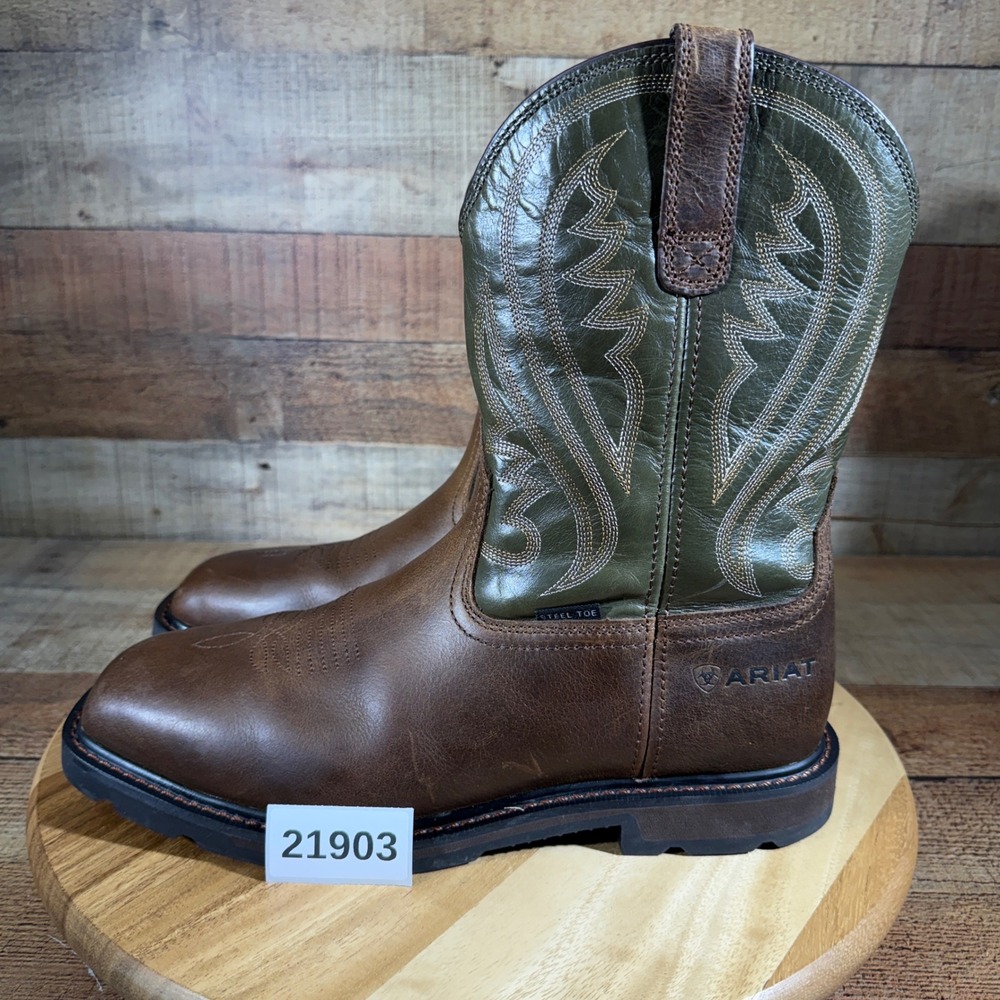 Ariat Groundstomper Work Cowboy Boots Men 10EE Wide Brown Green Square Steel Toe